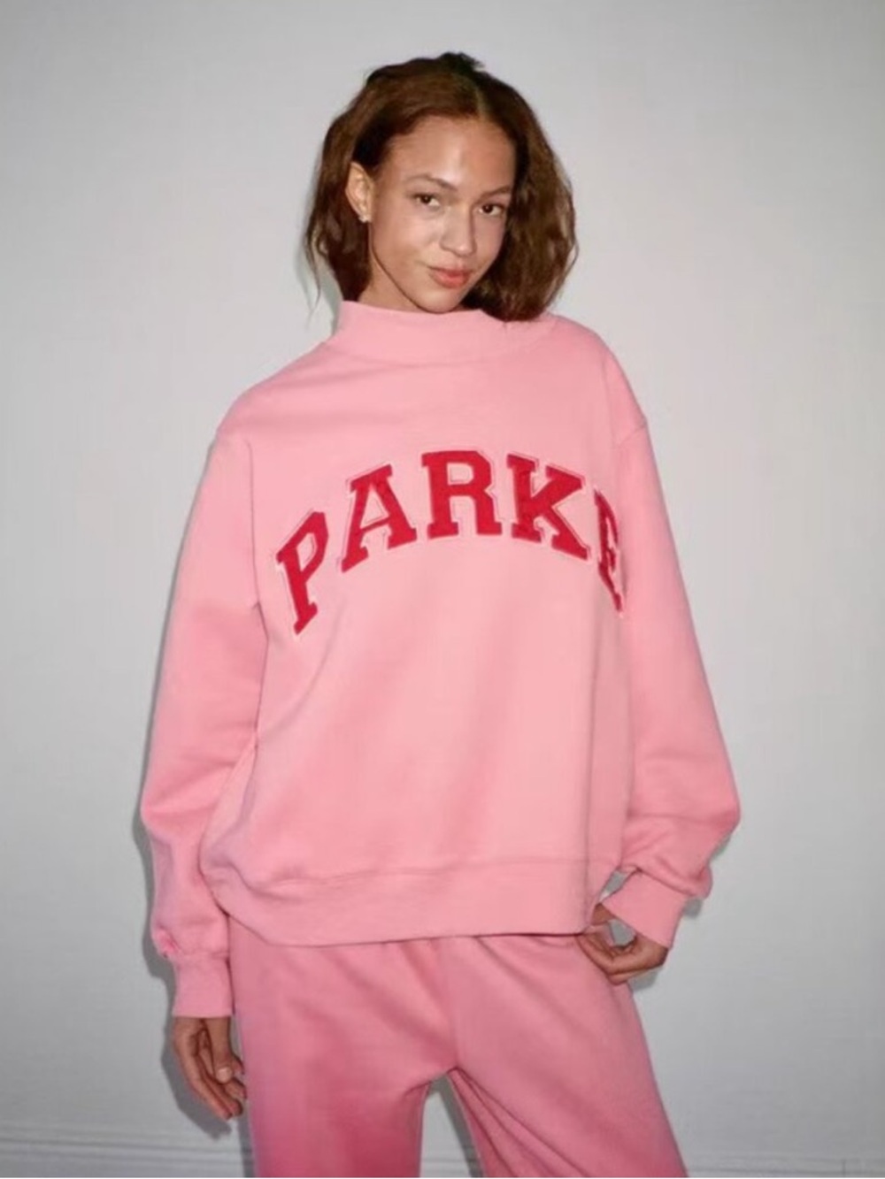 PARKE Varsity Mockneck Crew Sweater Graphic Fleece Lover Valentine’s Pink RARE
